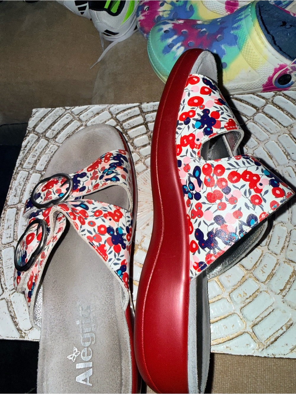 Alegria Women's Red/Blue Floral Buckle Sandals - Size 39 (US 9)